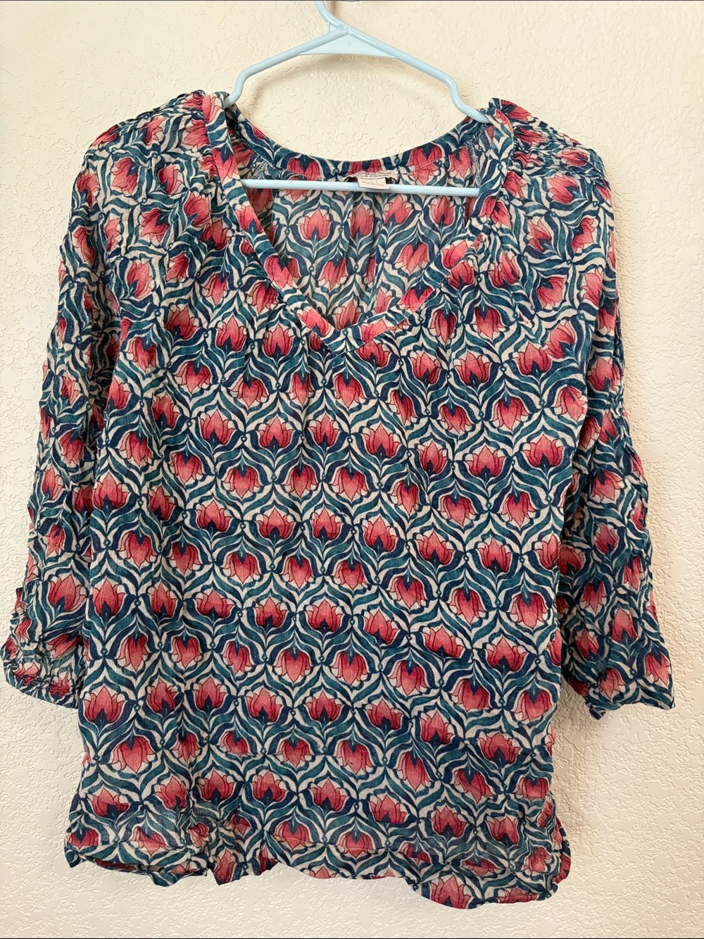 Lucky Brand Floral V-Neck Blouse in Teal and Coral
